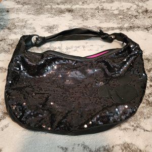 Black Sequin Faux Leather Shoulder Back with Mickey Mouse Shape Decal